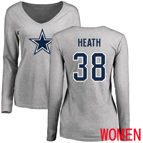 Women Dallas Cowboys Ash Jeff Heath Name and Number Logo Slim Fit #38 Long Sleeve Nike NFL T Shirt